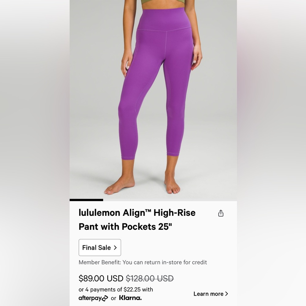 Lululemon Align High Rise Pant Tight with Pockets  25" Moonlit Magenta Sz 8 NWT